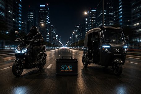 Electric scooter and rickshaw with a SOAR lithium battery at night