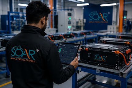 SOAR engineer monitoring lithium battery packs on the production line with a tablet